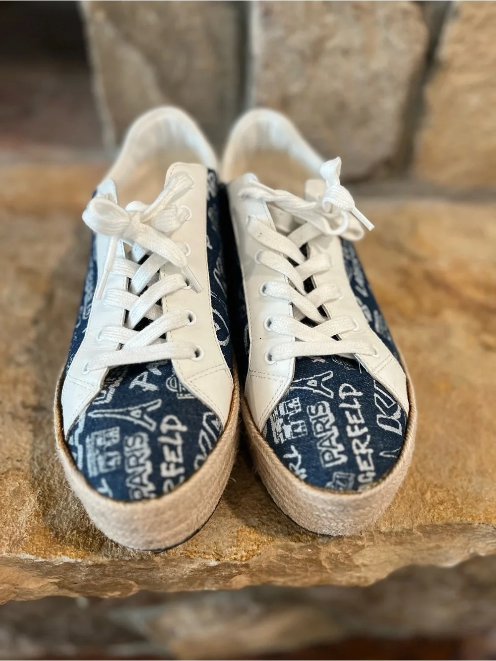 Karl Lagerfeld Navy and White Logo Espadrille Platform Sneakers